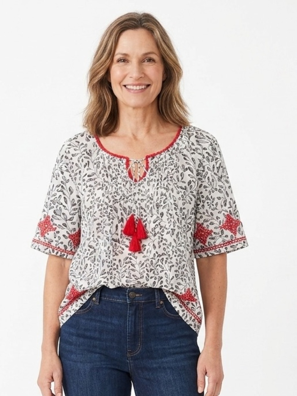 J. Jill White Blouse with Black Leaf Print and Red Embroidered Trim XL